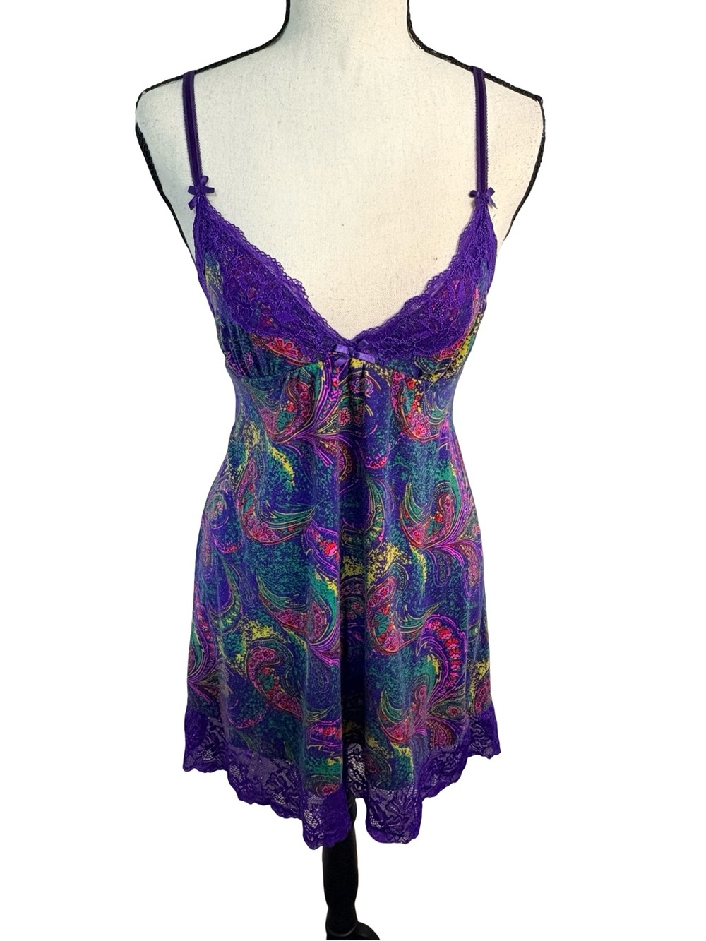 Y2K Paisley Lace Trim Babydoll Chemise Slip Nightgown Purple S